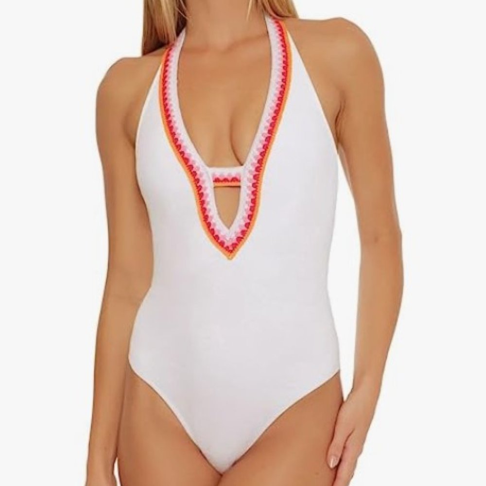Trina Turk Tulum Plunge White with Crochet Accent One Piece Swimsuit Size 6 NWT